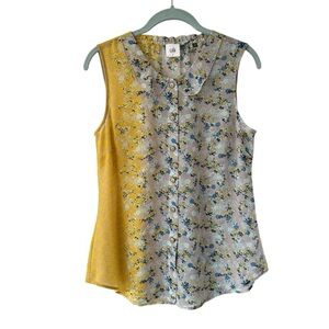 Cabi Offsides Yellow Blue Color Block Floral Sleeveless Blouse Top Size S